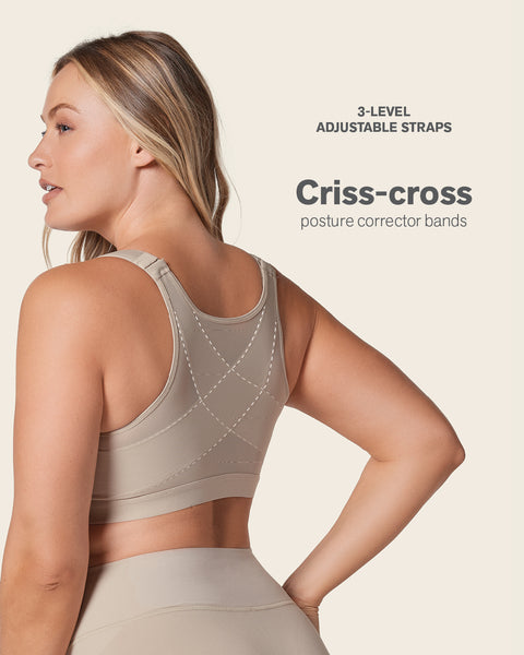 Front Closure Bra for Women Plus Size Breast Back Support Posture Corrector  Bras Criss Cross Halter Top Underwear (Color : Beige, Size : M/Medium)