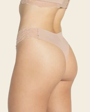 Leonisa Lace Side Seamless Thong Panty - Comfy No Show Underwear for Women  Beige : : Clothing, Shoes & Accessories