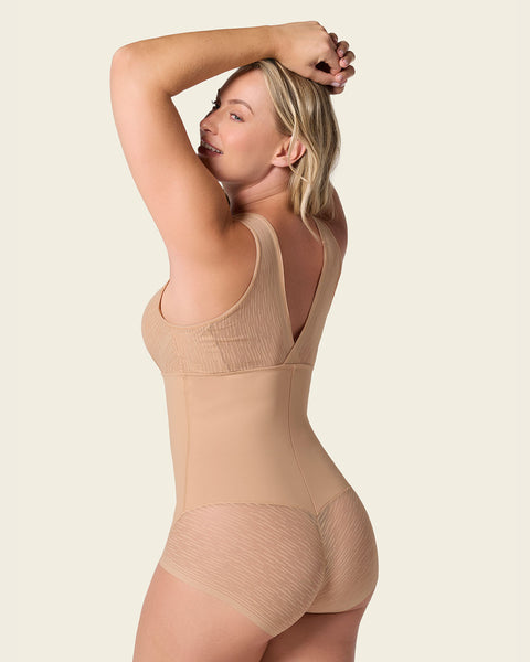 Sheer stripe detail sculpting bodysuit#color_801-golden-beige