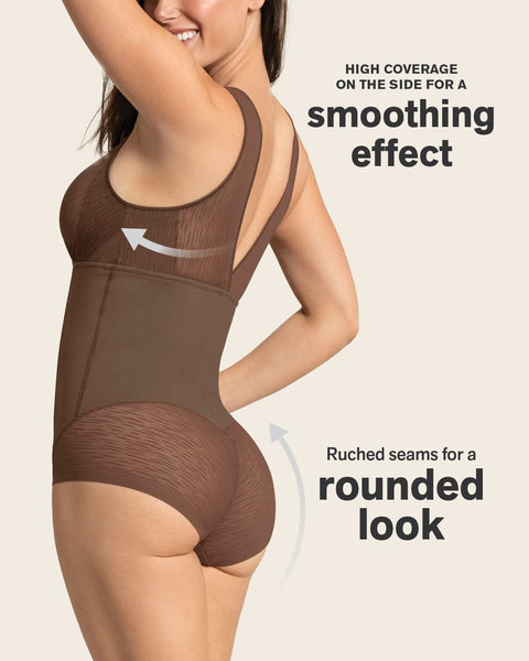 Sheer stripe detail sculpting bodysuit#color_875-dark-brown