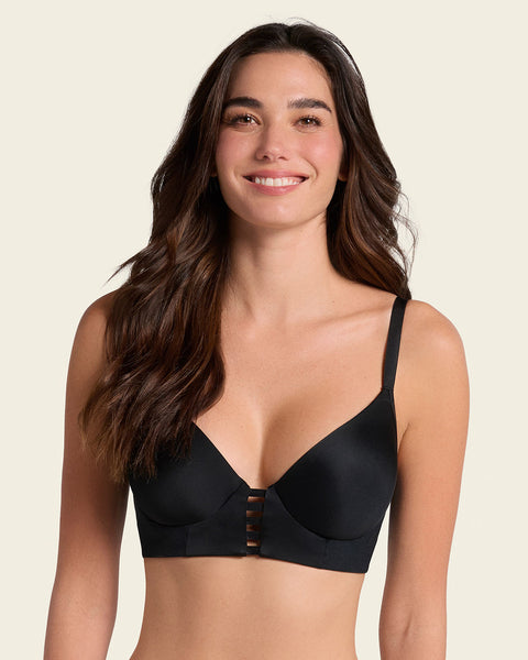 Memory foam push-up underwire bustier bra with strappy front#color_700-black