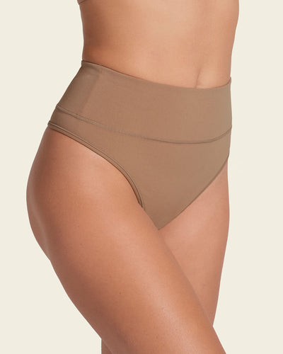 High-waisted seamless moderate shaper thong panty#color_857-brown