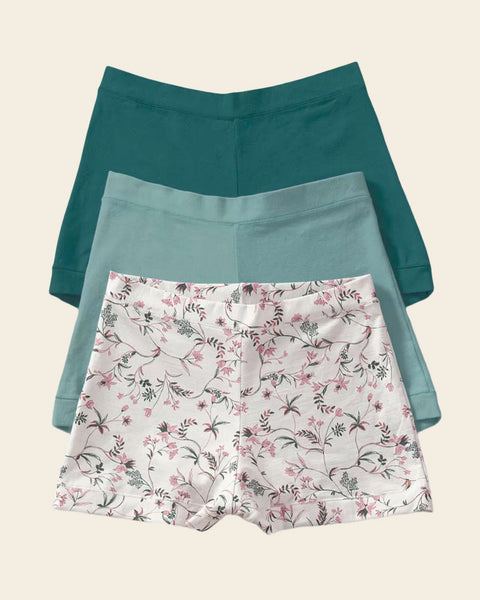 Simply Comfortable 3-Pack Stretch Cotton Boyshort Panties#color_s35-teal-print-seafoam-green