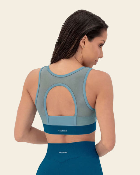 Sports Bra with Sheer Tulle Keyhole Back | Leonisa Active by Silvy Araujo#color_498-blue