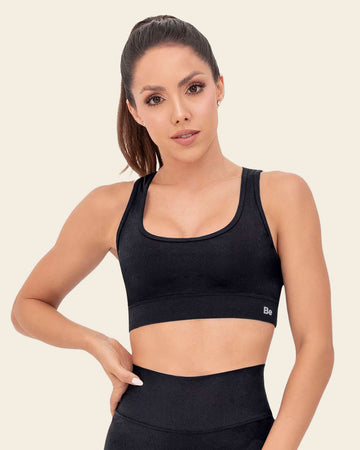 Sports Bra with Sheer Tulle Keyhole Back | Leonisa Active by Silvy Araujo#color_700-black