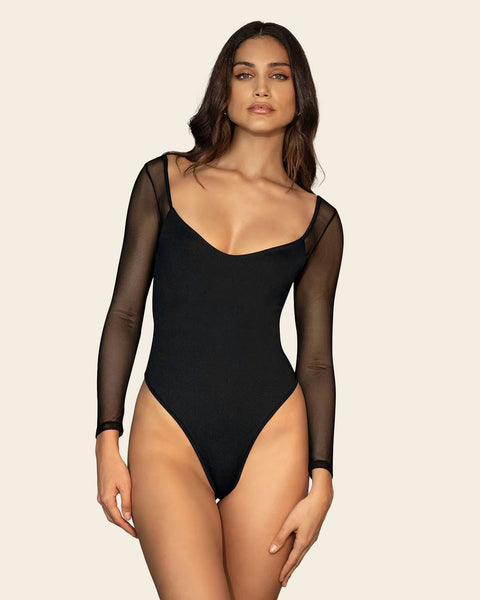 Thong Bottom Bodysuit with Mesh Long Sleeves (Serez Collection)#color_700-black